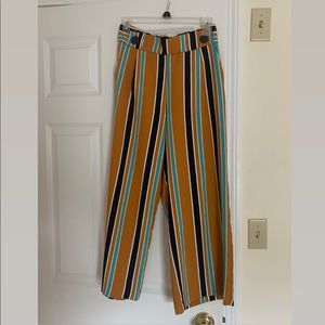 Zara TRF Printed High Waisted Mustard Yellow Striped Pants